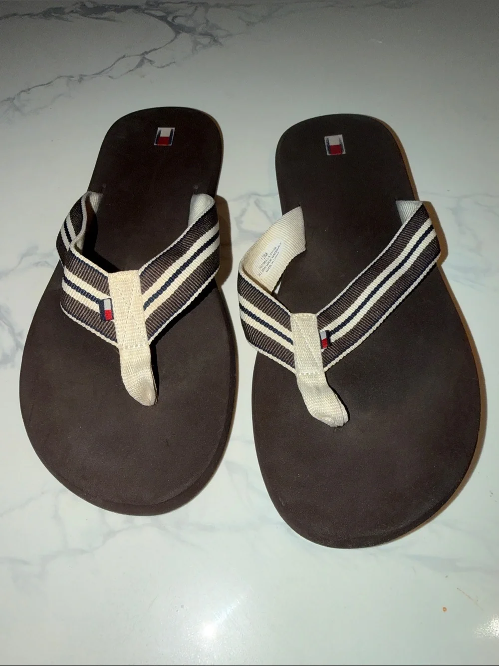 Tommy Hilfiger Comfort Beach Sandal Featuring Striped Polyester Thomg Straps